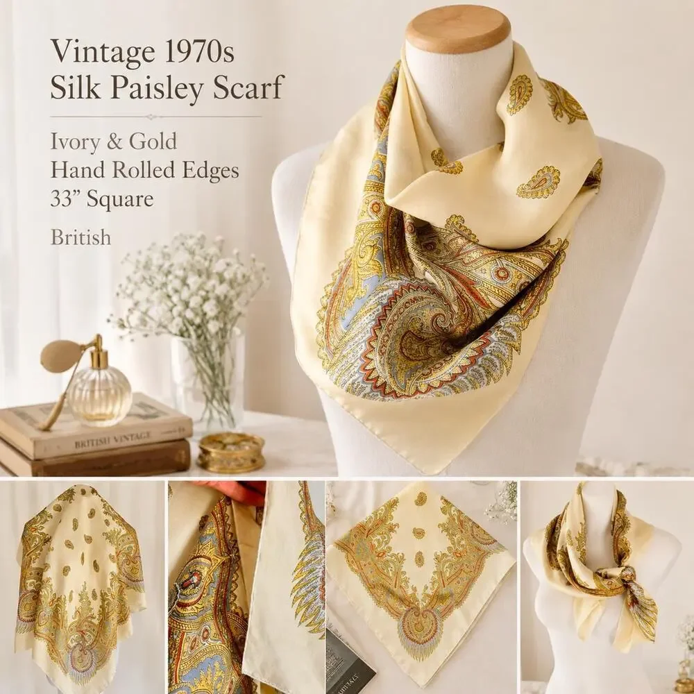Vintage 1970s Silk Paisley Scarf Ivory Gold Hand Rolled Edges 33” Square British